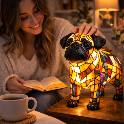 Colorful Stained-Glass Dog Table Lamp with LED Night Light for Bedroom