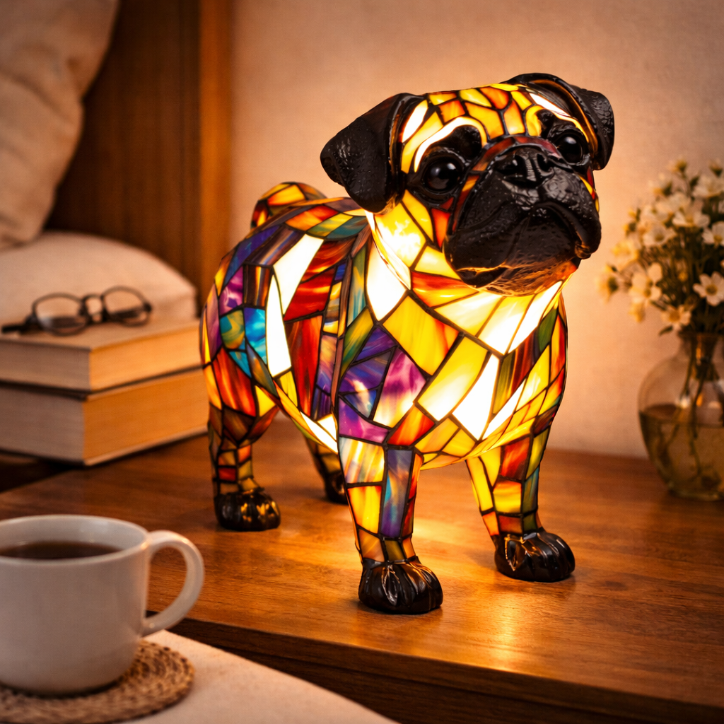 Colorful Stained-Glass Dog Table Lamp with LED Night Light for Bedroom