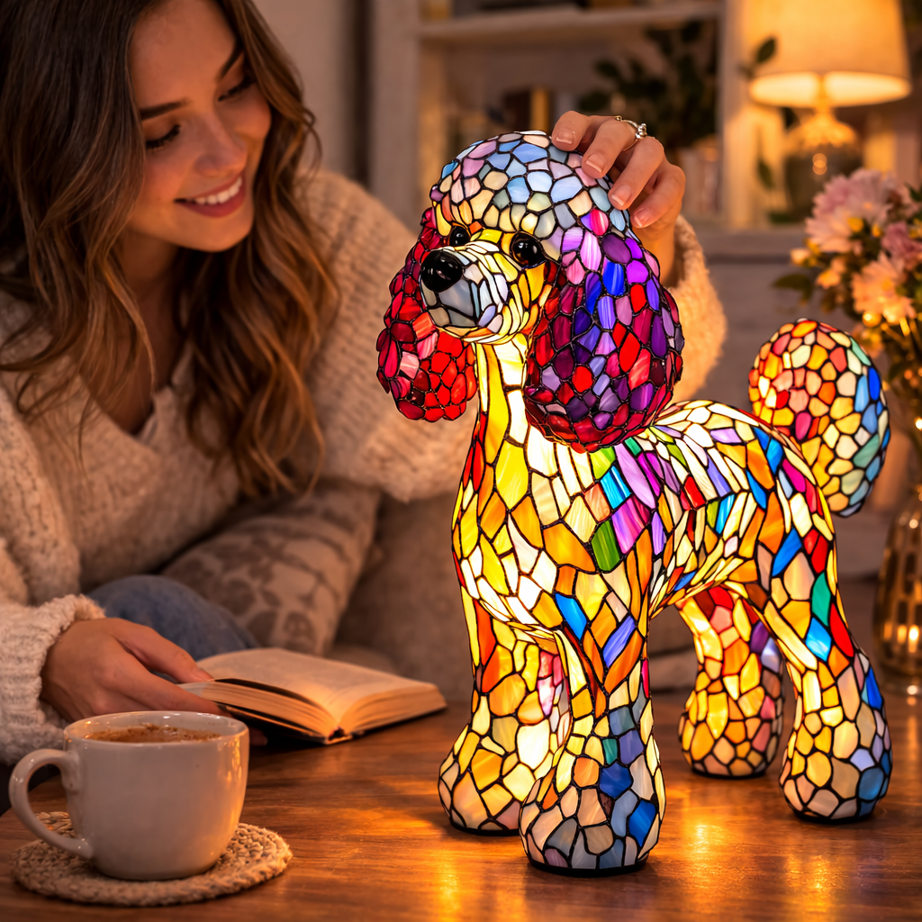 Colorful Stained-Glass Dog Table Lamp with LED Night Light for Bedroom