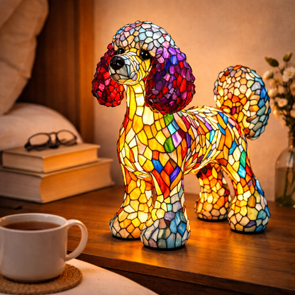 Colorful Stained-Glass Dog Table Lamp with LED Night Light for Bedroom
