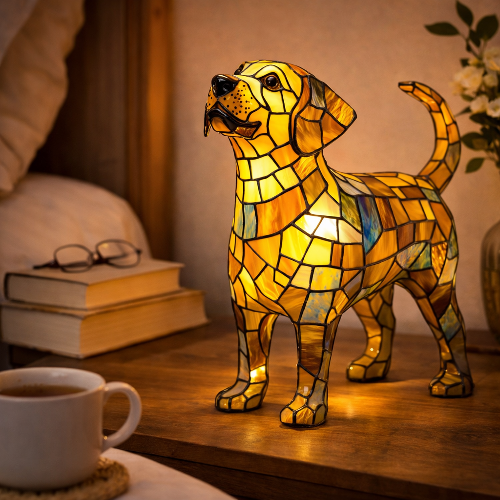 Colorful Stained-Glass Dog Table Lamp with LED Night Light for Bedroom
