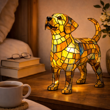 Colorful Stained-Glass Dog Table Lamp with LED Night Light for Bedroom