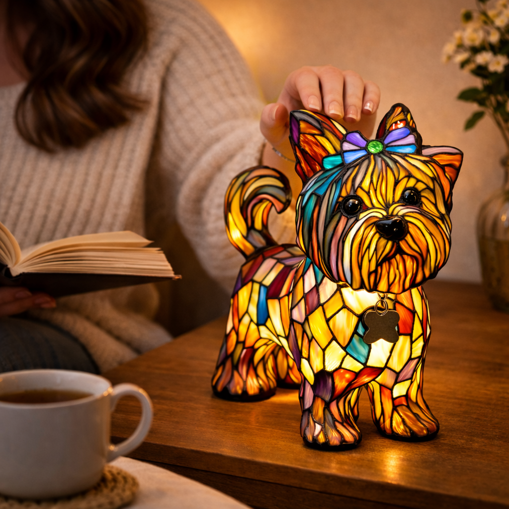 Colorful Stained-Glass Dog Table Lamp with LED Night Light for Bedroom
