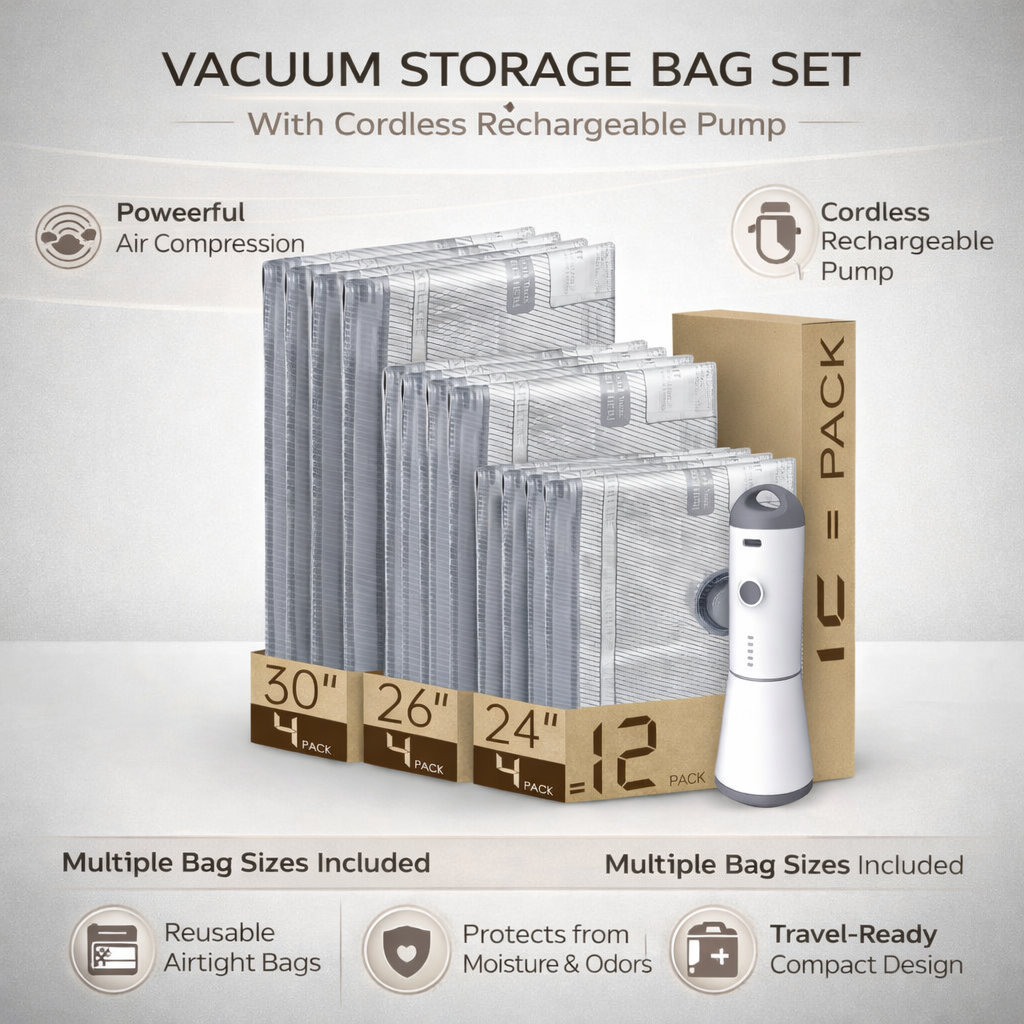Cordless Vacuum Storage Bags with Pump – Travel Packing Set