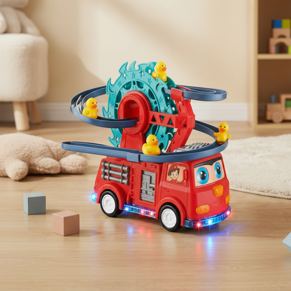 Fun Fire Truck Toy with Duck Slide, Track, Lights & Sounds