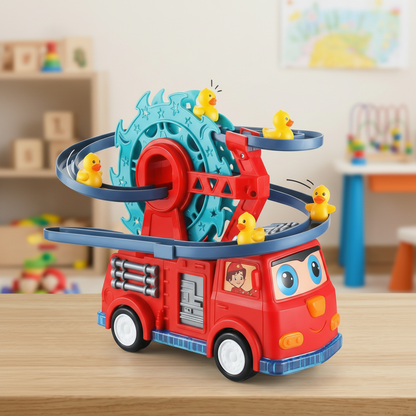 Fun Fire Truck Toy with Duck Slide, Track, Lights & Sounds